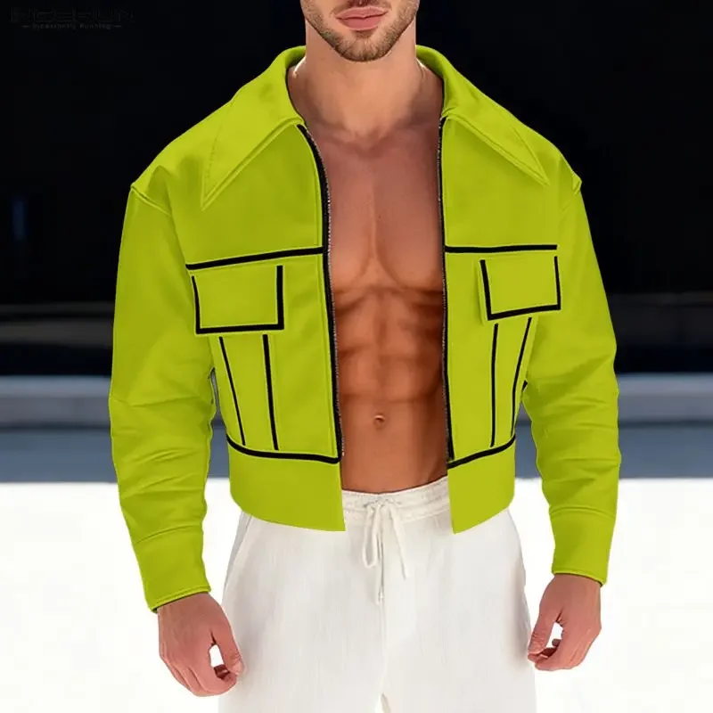 INCERUN Men Jackets Patchwork Lapel Long Sleeve Zipper Male Crop Coats Streetwear 2026 Fashion Casual Thin Jackets Men S-5XL