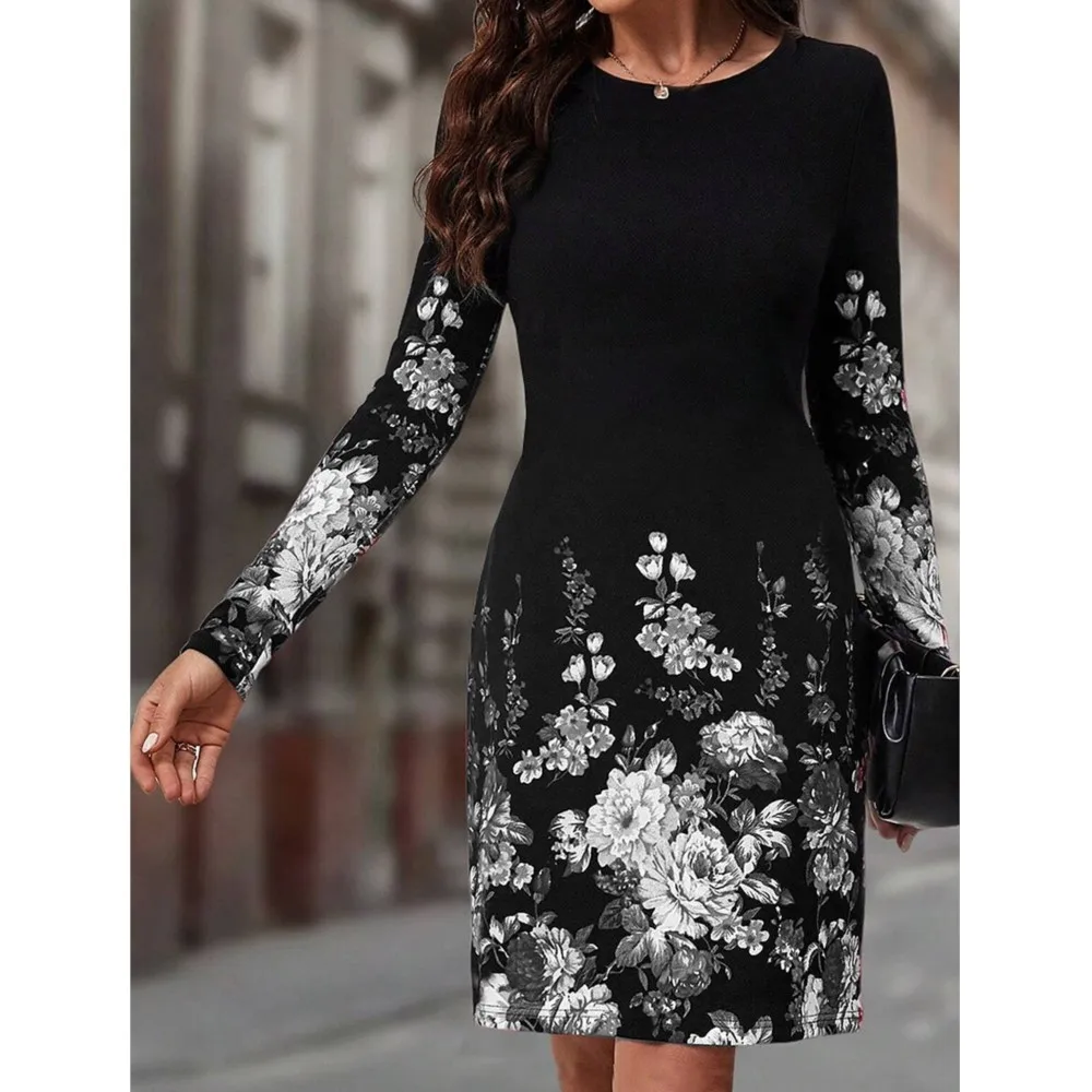 فستان بوهيمي قصير غير رسمي للنساء برقبة دائرية مطبوع عليه زهور فضفاض بأكمام طويلة تي شيرت فستان ملابس الشارع الشهير ЛТНЕЙ Жеыыыыы
