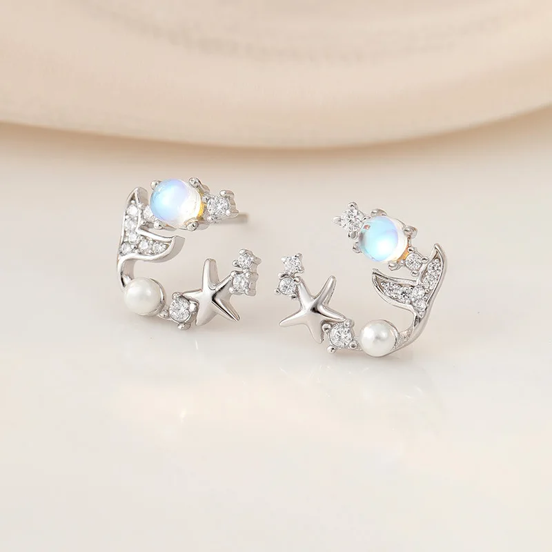 

RYJU 925 Sterling Silver Luxury Zircon Moon Stud Earrings For Women Moonstone Pearl Earring Girl Party Jewelry Accessories Gifts