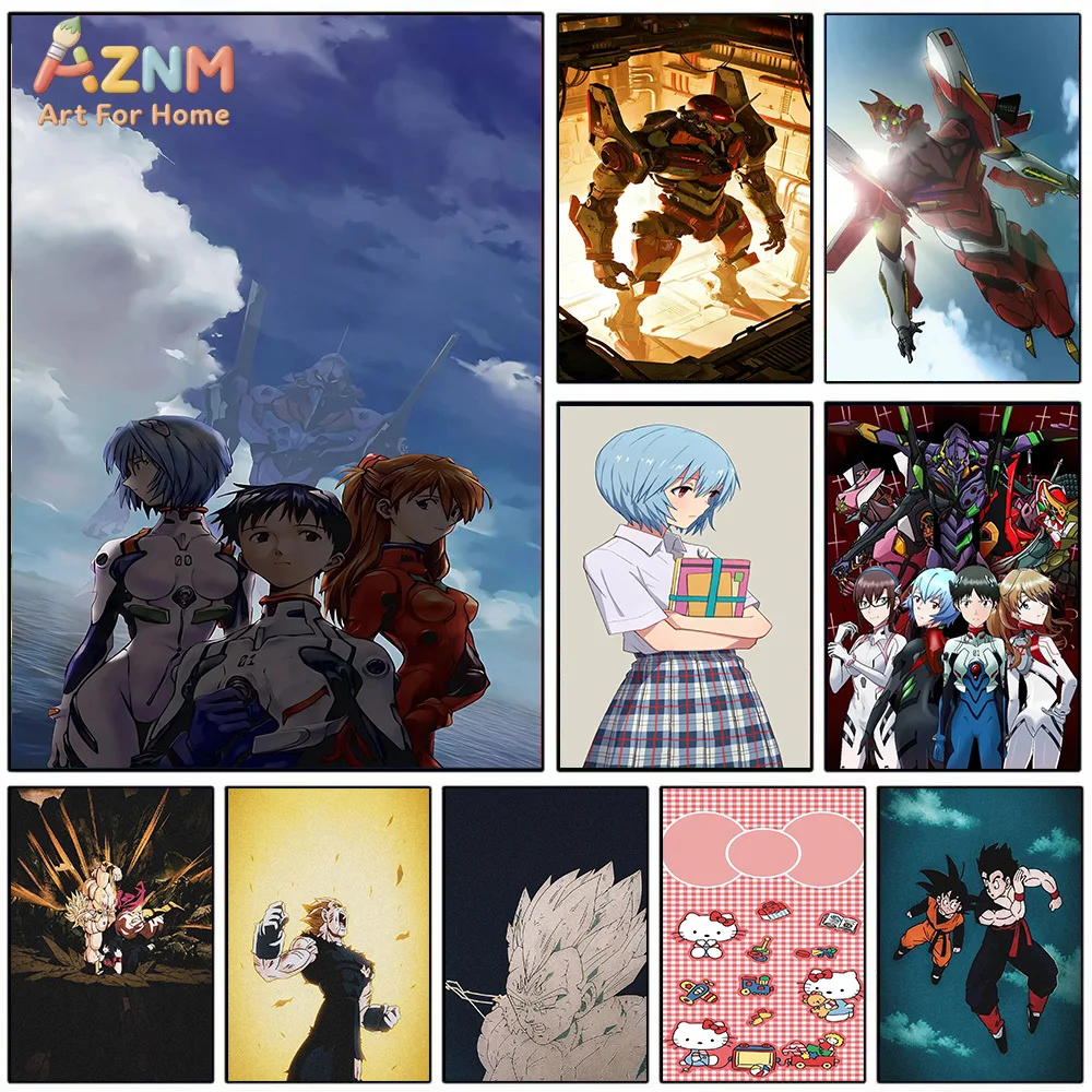 AZNM Anime Canvas Wall Art, Neon Genesis Evangelion & Dragon Ball & Hello Kitty Print Poster for Room Decor
