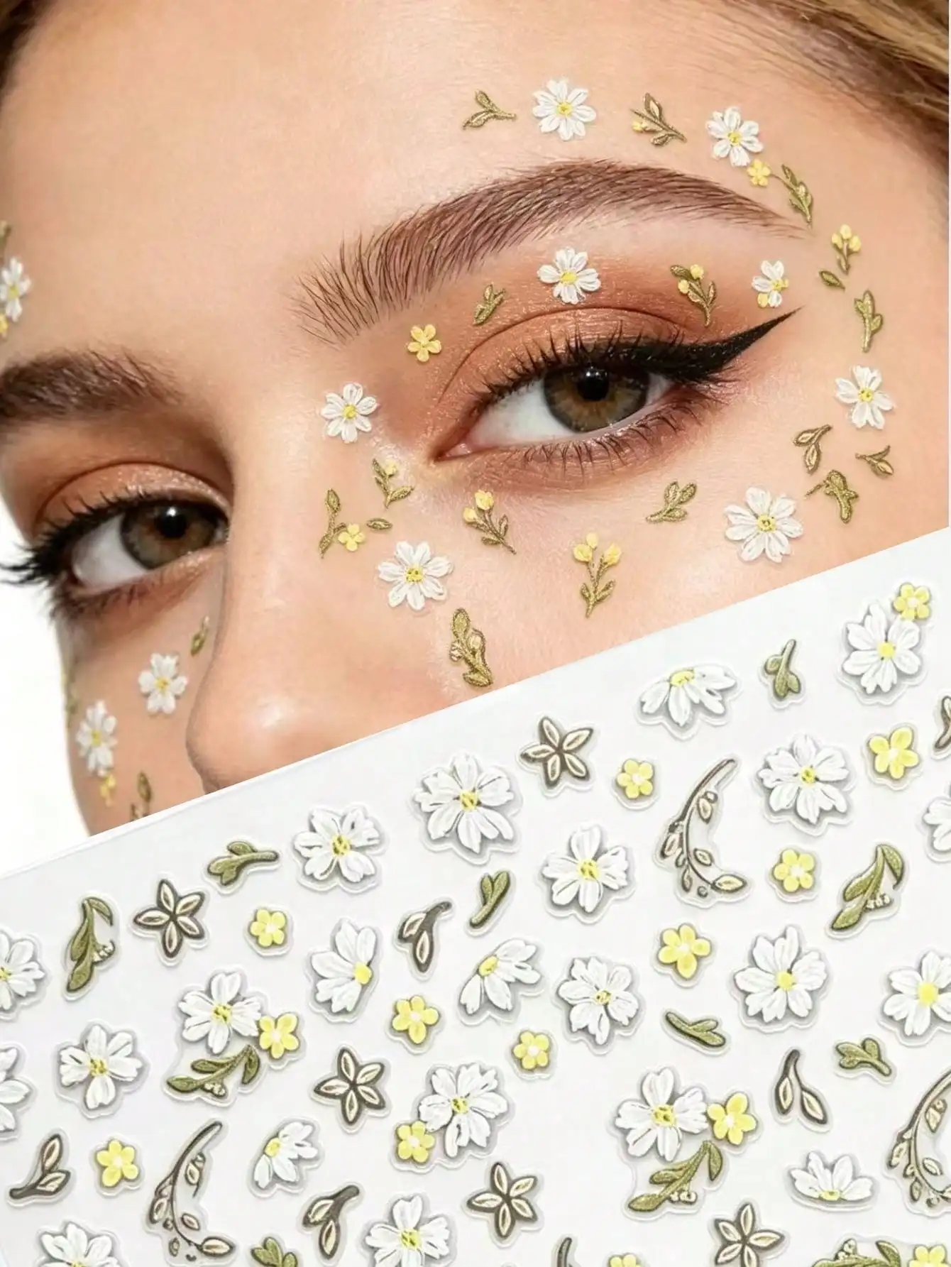 1 adhesivo decorativo para uñas con diseño de margaritas frescas, que exuda el ambiente primaveral, flores amarillas y blancas con hojas verdes tiernas, adecuado para maquillaje facial, estilismo escénico, decoración diaria, resistente al agua y duradero, fácil de crear un look primaveral de hadas Y2K