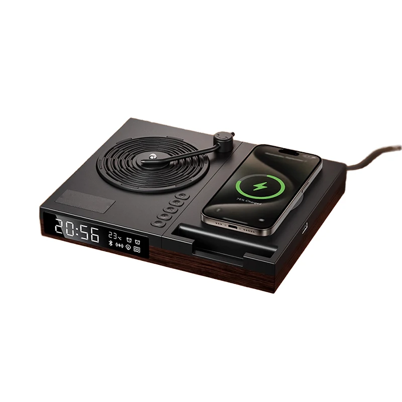 Speaker Nirkabel Retro Bluetooth 5.2 Pemutar Musik Stereo Jam Alarm Desktop Bentuk Piringan Hitam Vintage Mendukung Jam dengan Lampu