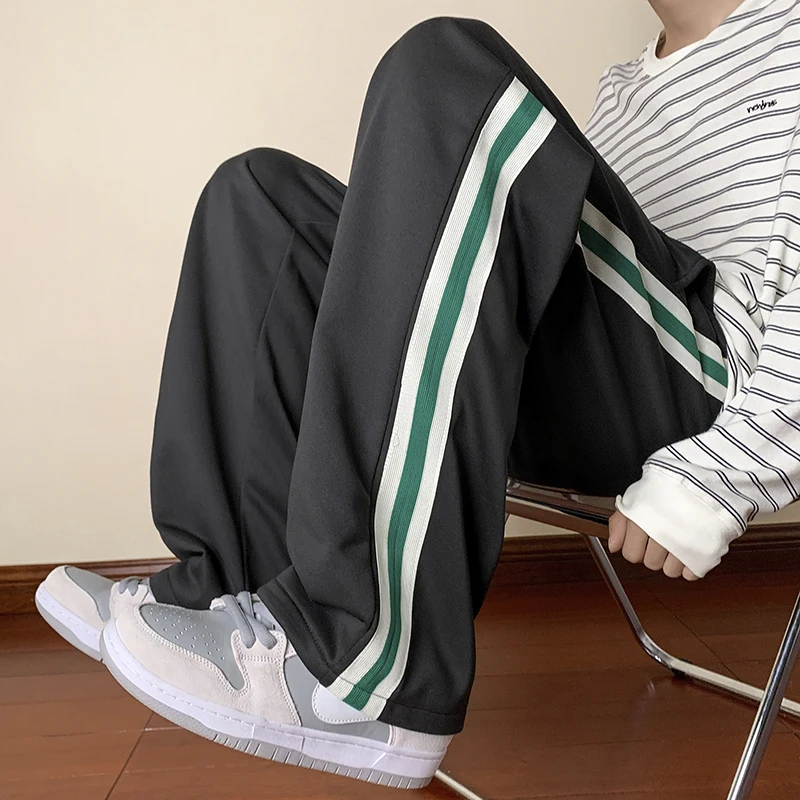 Black side striped casual pants men's 2023 spring new loose straight-leg pants elastic waist wide-leg trousers home Baggy pants