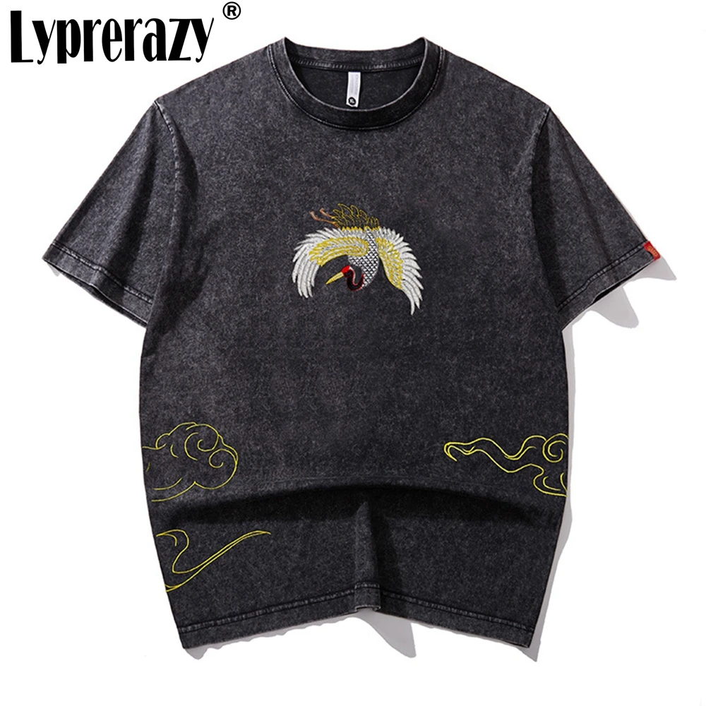 Lyprerazy Summer Crane Embroidery T-shirt Men's Chinese Style Pure Cotton Washed Short-sleeved T-shirt