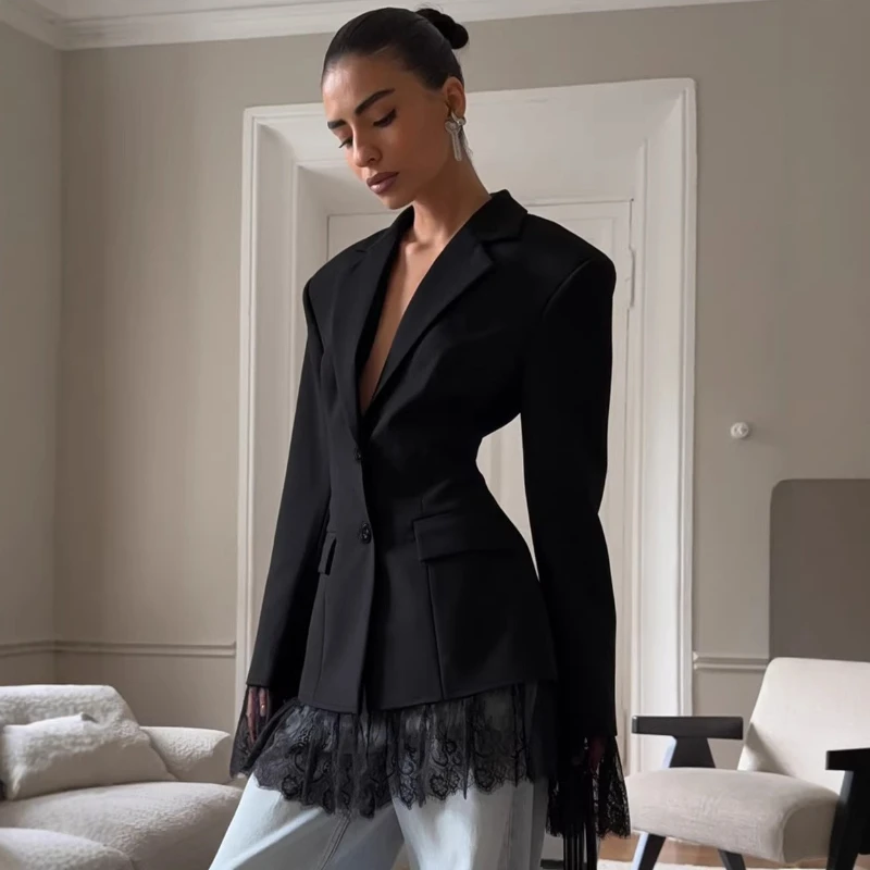 TARUXY Lace Suit Jacket Women Elegant Stylish Flip-Top Pocket Lace Patchwork Fitted Suit Female Autumn New Commuting Party Coat