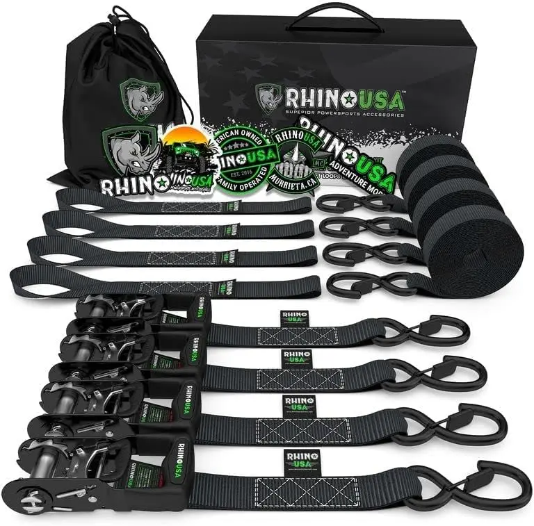 USA Ratchet Straps Tie Down Kit, 5,208 Break Strength - includes (4) Heavy Duty Rachet Tiedowns with Padded Handles & Coated