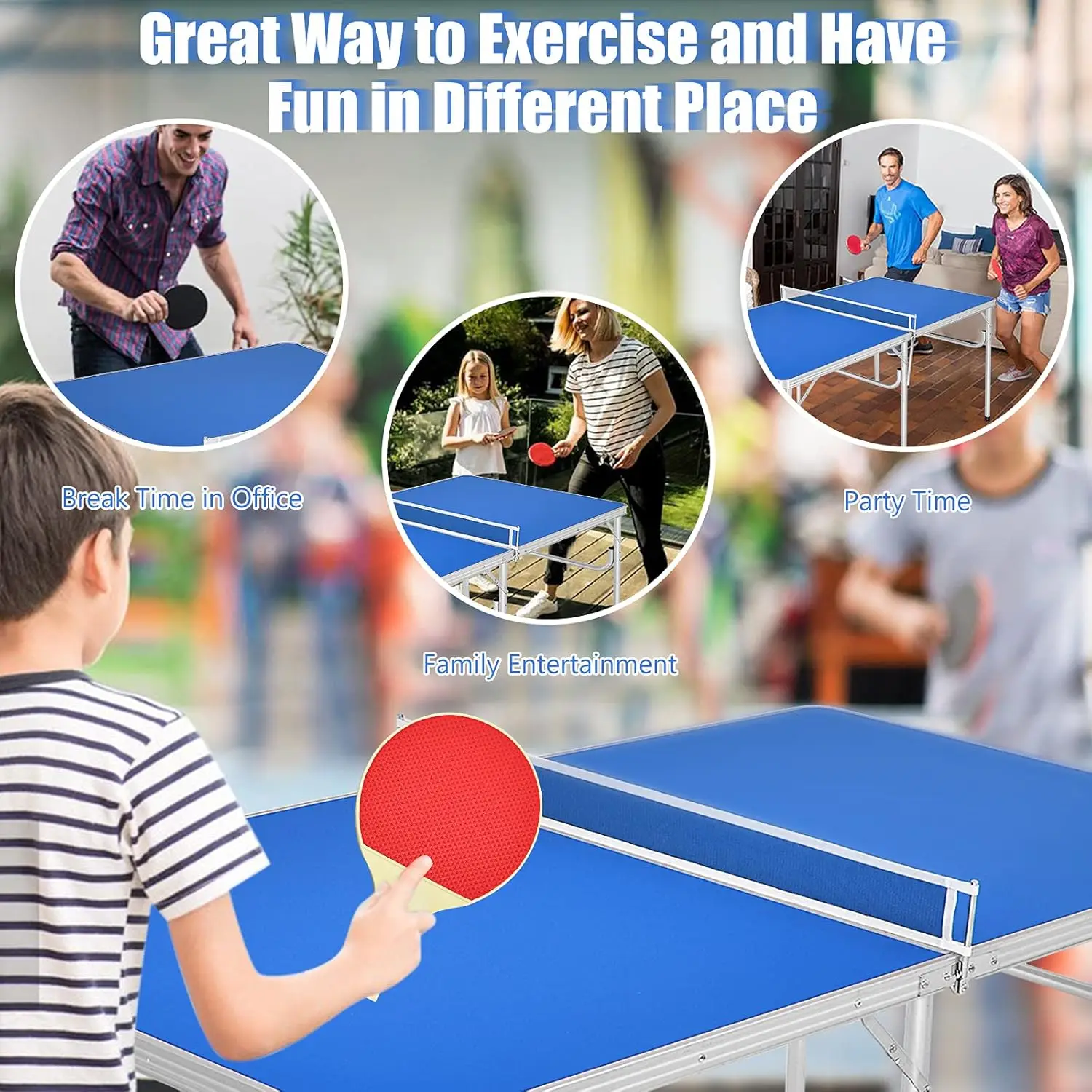 Foldable Ping Pong Table, 100% Preassembled, Portable Table Tennis Table Game Set with Net, 2 Table Tennis Paddles and Ping Pong