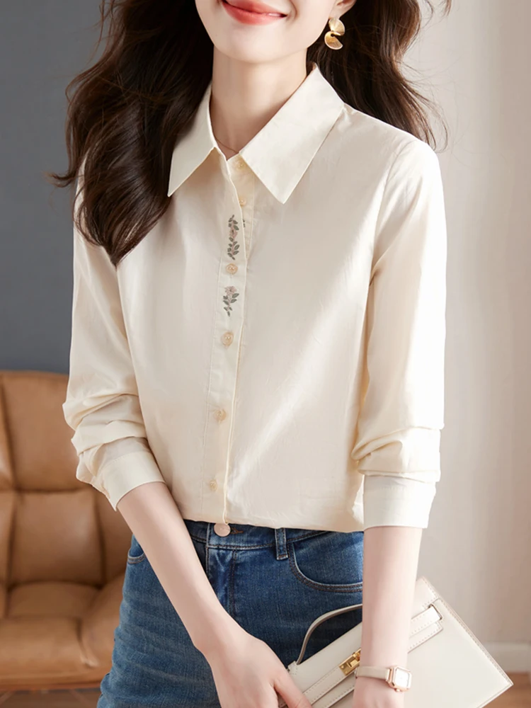 

Весенне-осенняя корейская женская рубашка из чистого хлопка с длинными рукавами, с цветочной вышивкой, повседневный свободный крой, топ
