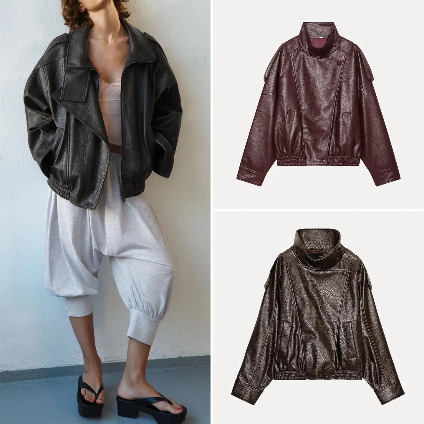 

Cool Trendy Women's Short Jacket Coat Long Sleeve Zipper Pocket Stand Collar Summer Outfit 2026 New Arrival Casual Style