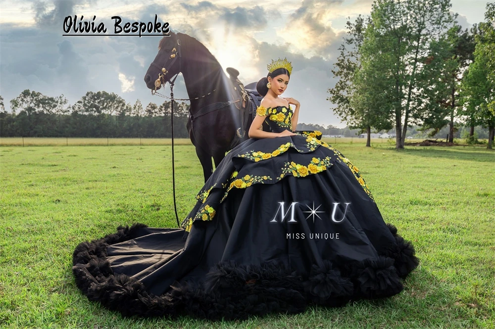 

Attractive Black Quinceanera Dresses Mexico Yellow Flower Embroidery Ball Gown Tulle Ruched Train Wedding Party Dress Customized