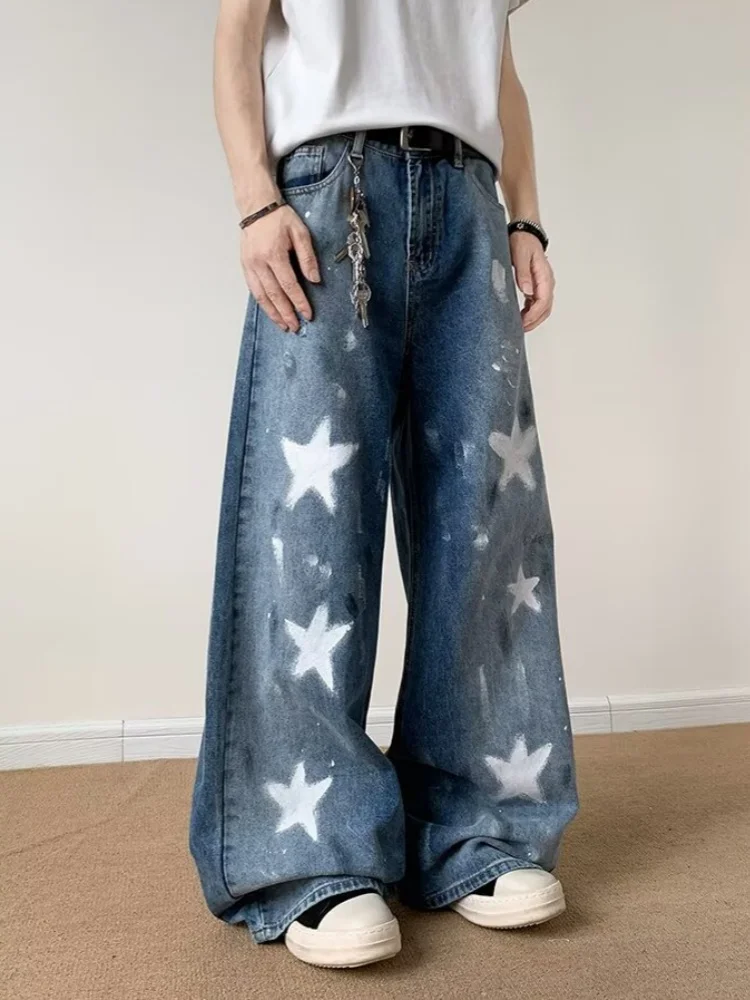 2025 Ropa Y2K Streetwear Stern Gedruckt Gewaschen Blau Baggy Jeans Hosen Für Männer Kleidung Breite Bein Vintage Denim Hosen Moda Hombre – Detail 9