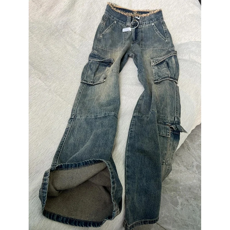 American Vintage Street Jeans Women Big Pocket Casual High Waisted Cargo Pants Frayed Hem Harajuku Y2K Flared Denim Trousers