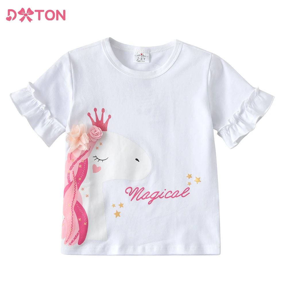 DXTON Girls Short Sleeve T-shirts Summer Ruffle Sleeve Children Tees Unicorn Kids Tops Casual Letter Print Girls Costume 3-8Ys