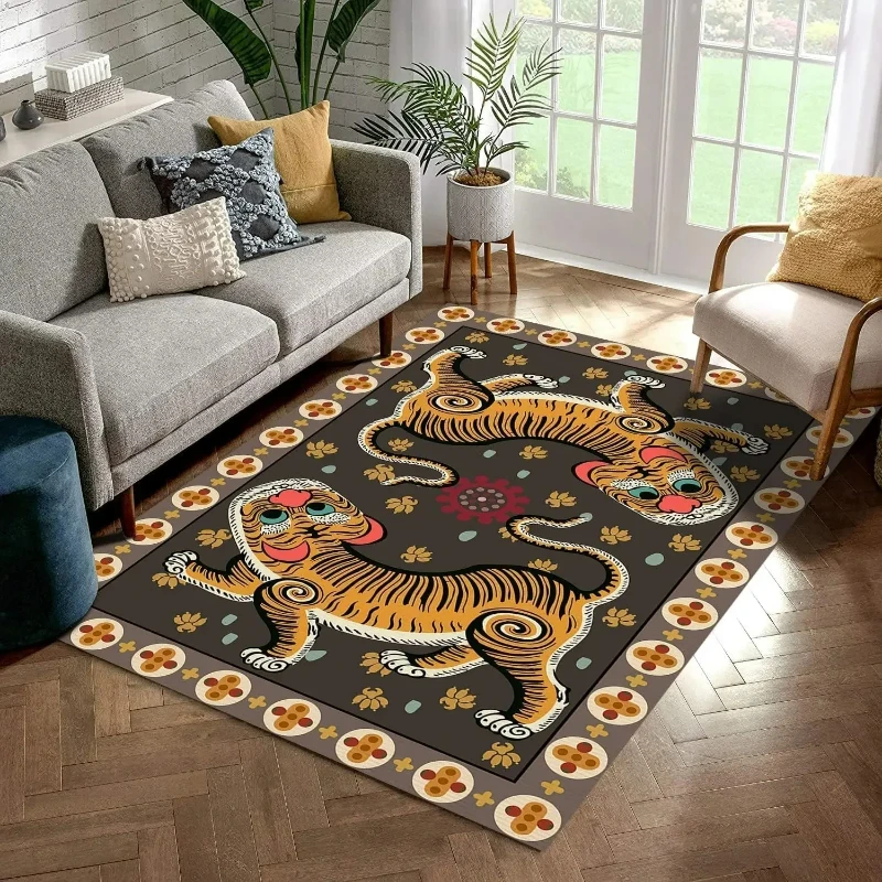 Vintage Tiger Totem Rug Carpets for Bedroom Home Decor Living Room Coffee Table Non-slip Rugs Bedside Machine Washable Floor Mat