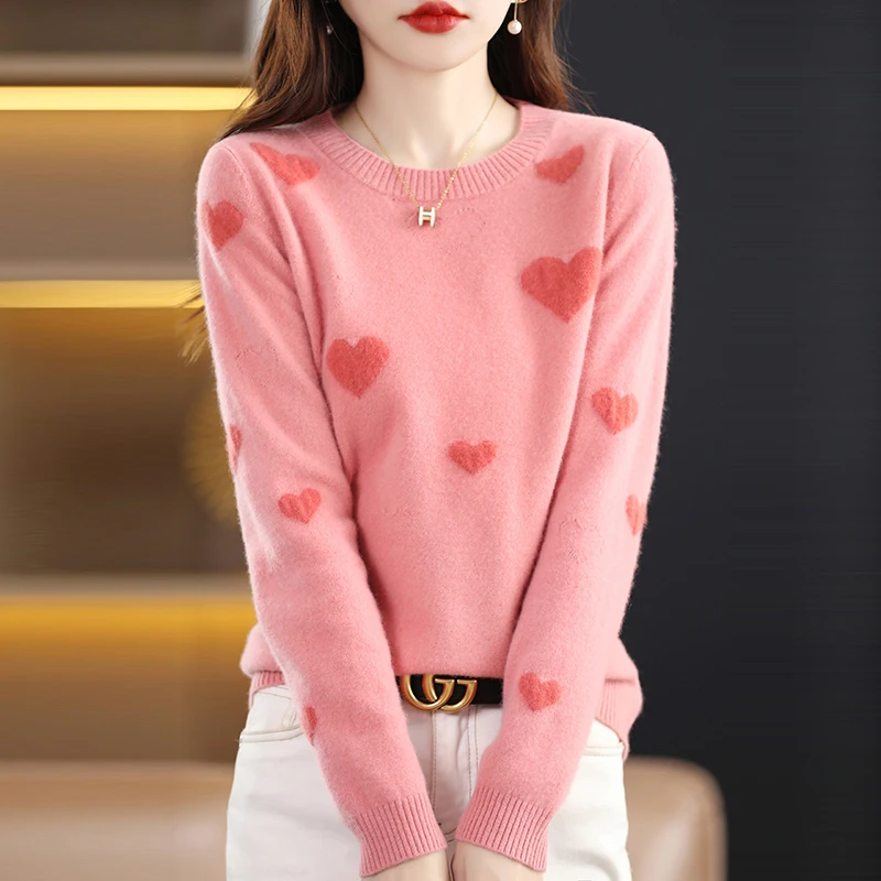 Autumn and winter new women's sweater 100% Merino wool round neck jumper Fashion love light luxury warm bottom knit shirt