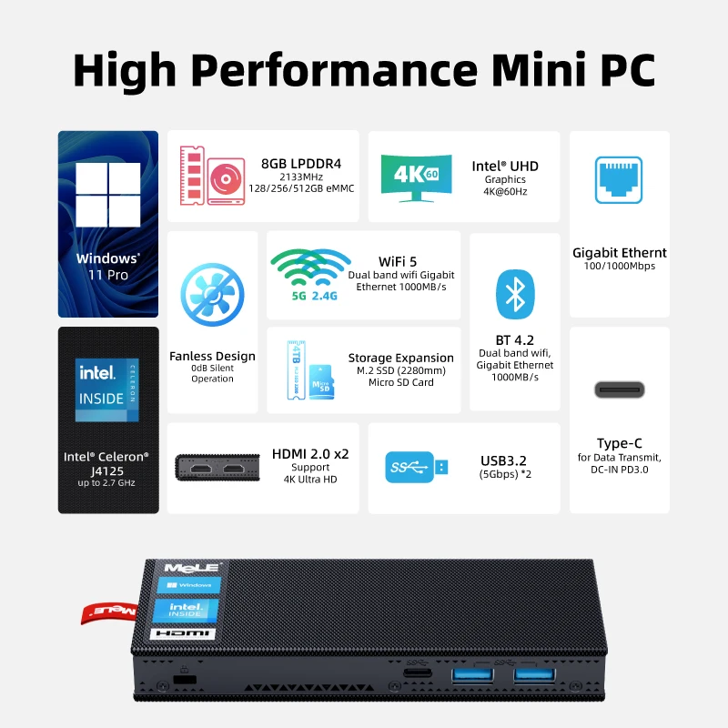 Mele Slim Mini PC Stick Windows 11 Intel N100 N5105 8GB 256GB Desktop Fanless IOT Industrial Dual Screen HDMI Display PXE PCG02