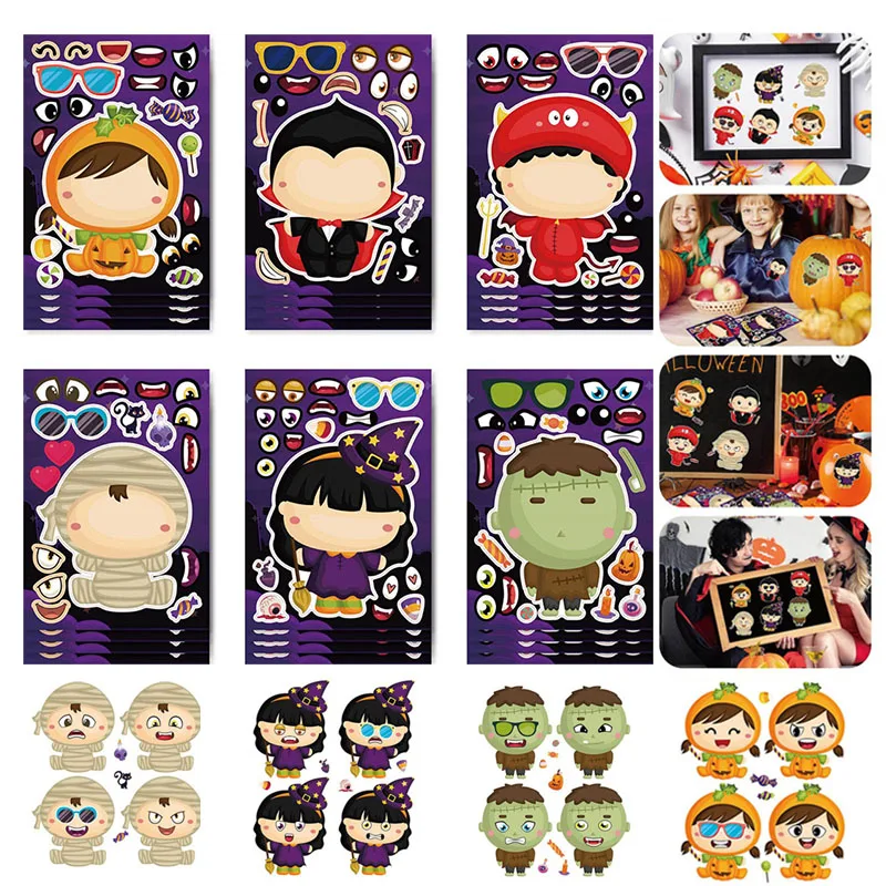 6-24sheets Halloween Party Games Stickers for Kids Make Your Own Witch Mummy Puzzle Sticker Children DIY Face Stiker Craft Decal