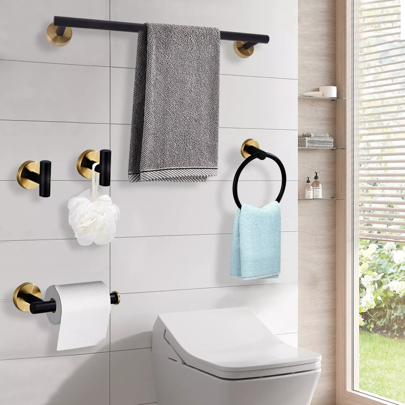 

Towel Rack 5 Piece Set, Black Gold Bathroom Towel Racks for Bathroom, 304 Stainless Steel Wall Mounted, Space Saving