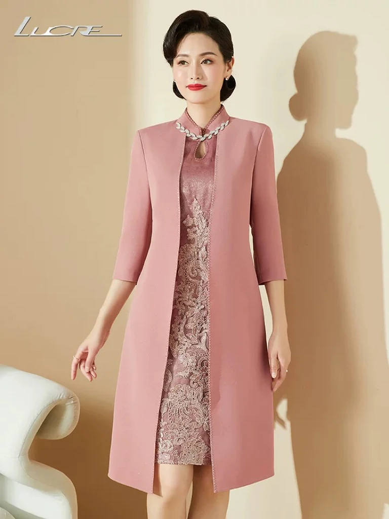 Dusty Rose-vestidos de Madre de la novia, dos piezas falsas, Chaqueta de manga 3/4, hasta la rodilla, bordado de encaje, vestidos de noche para fiesta de boda