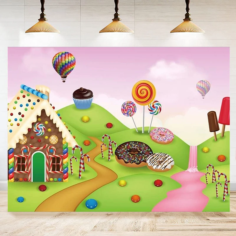 

Graphy Backdrop Dessert Lollipop Cookie Candy House Party Doughnut Cartoon Sweets Background Birthday Decor Banner