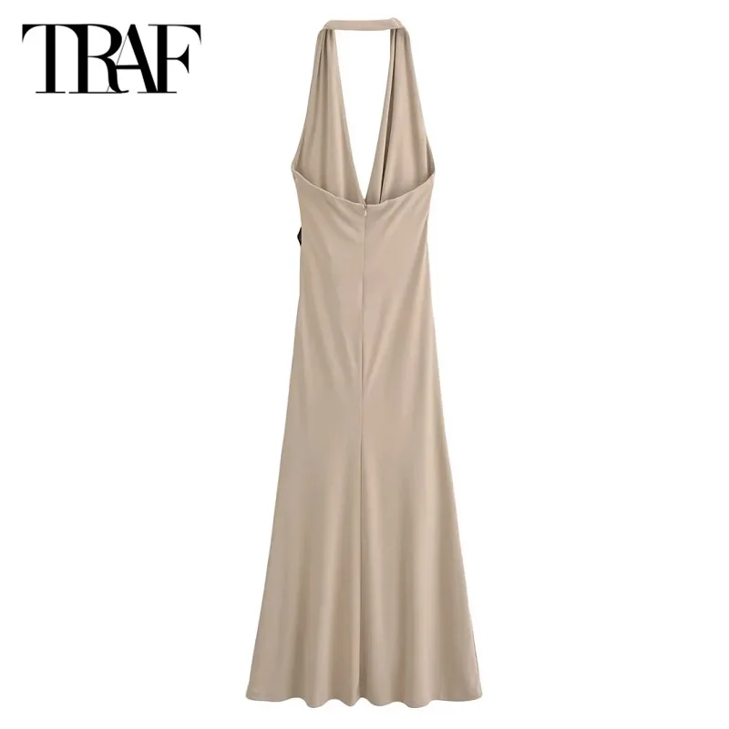 TRAF Long Dresses 2024 Summer Elegant Party Evening Halter Dresses Ladies Fashion Backless Sleveeless Shell Khaki Dress