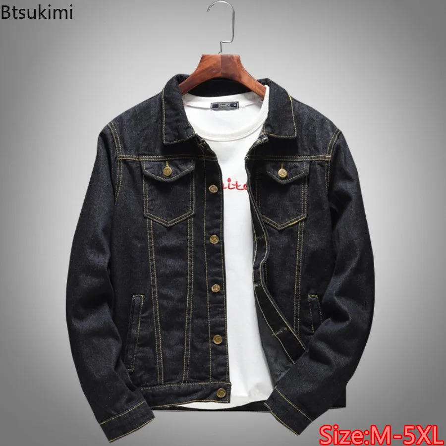 New Men's Korean Style Black Denim Jackes Loose Casual Lapel Button Up Coats Fashion Versatile Male Jean Tops 2025 Men Clothing