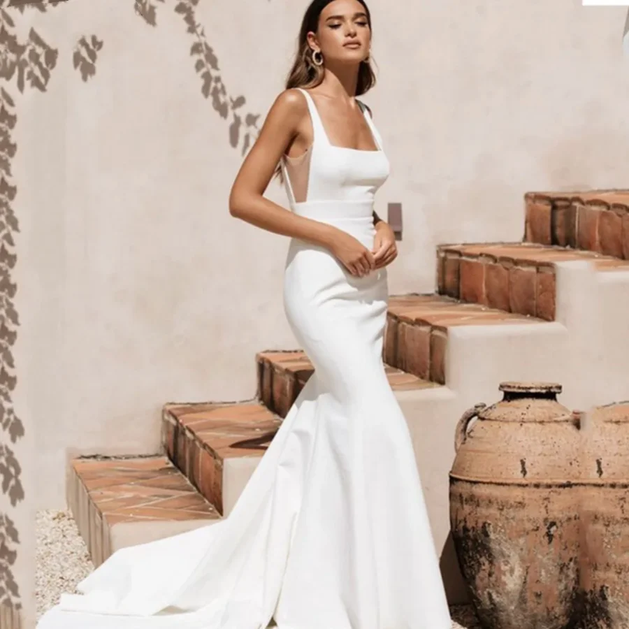 OUSIRUI เซ็กซี่สีขาวสปาเก็ตตี้สายรัด Chic Boho เจ้าสาว Backless Mermaid ชุดแต่งงานผู้หญิงชุดซาตินยืดหยุ่น Vestidos De Novia