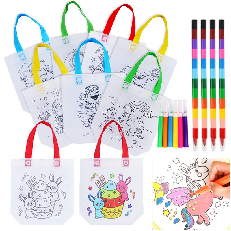 DIY Coloring Goodie Bags with Crayon & Coloring Markers Party Gift Bags for Kids Toy Storage Bag Eco Non-Woven Fabric Bags