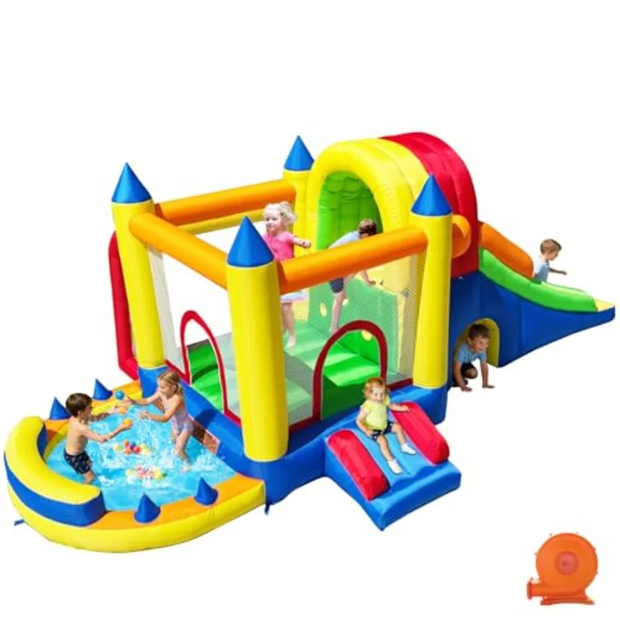 

Inflatable Bounce House with Wide Slide Splash Pool Ball Pit Secret Crawl Tunnel Soccer Goal Multi-Activity Jumping Castle for