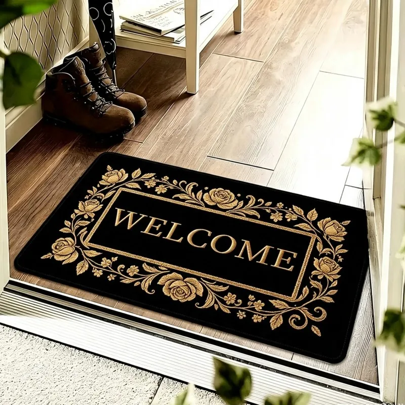Elegant Rose Welcome Entrance Rug Black Base Gold Floral Border Script Text Print Non Slip Soft Carpet For Luxury Home Entryway