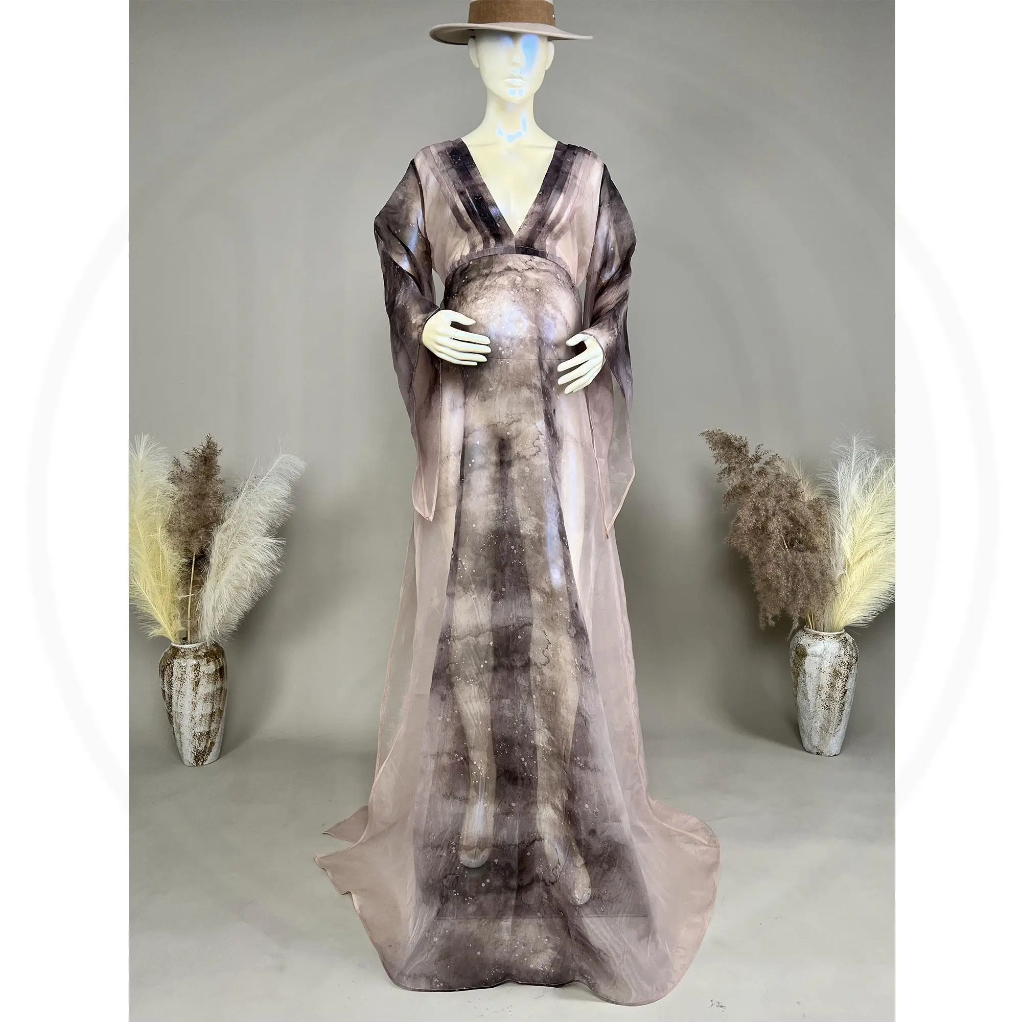 Don & Judy femme enceinte robe cravate-teinture Organza cloche manches robe col en V vêtements pour dame pour robe de soirée