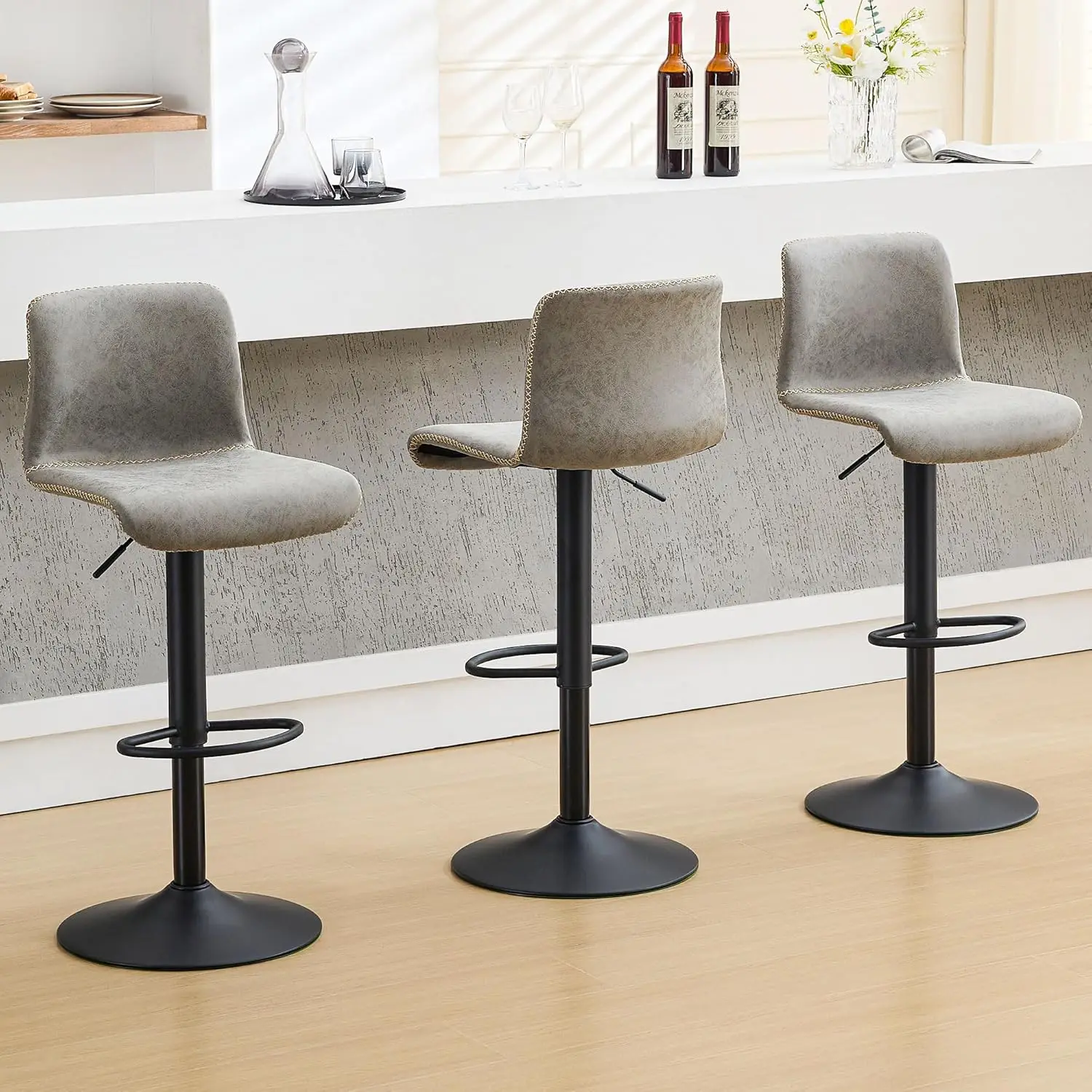 

Bar Stools Set of 3, Swivel Counter Height Barstools with Back, Adjustable Height 24" to 32", Gray Faux Leather Bar Cha
