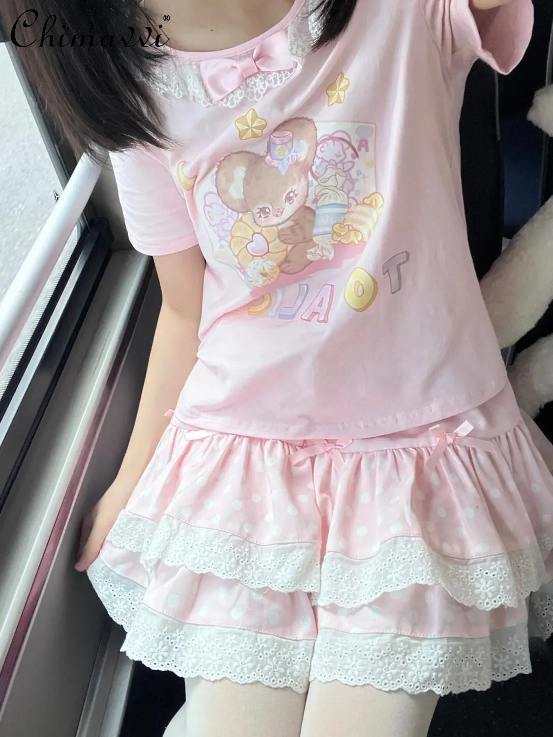 

Subculture Y2K Japanese Style Cute Bear Print T-Shirt + Polka Dot Bowknot Short Skirt Set for Women Two-Piece Set Summer