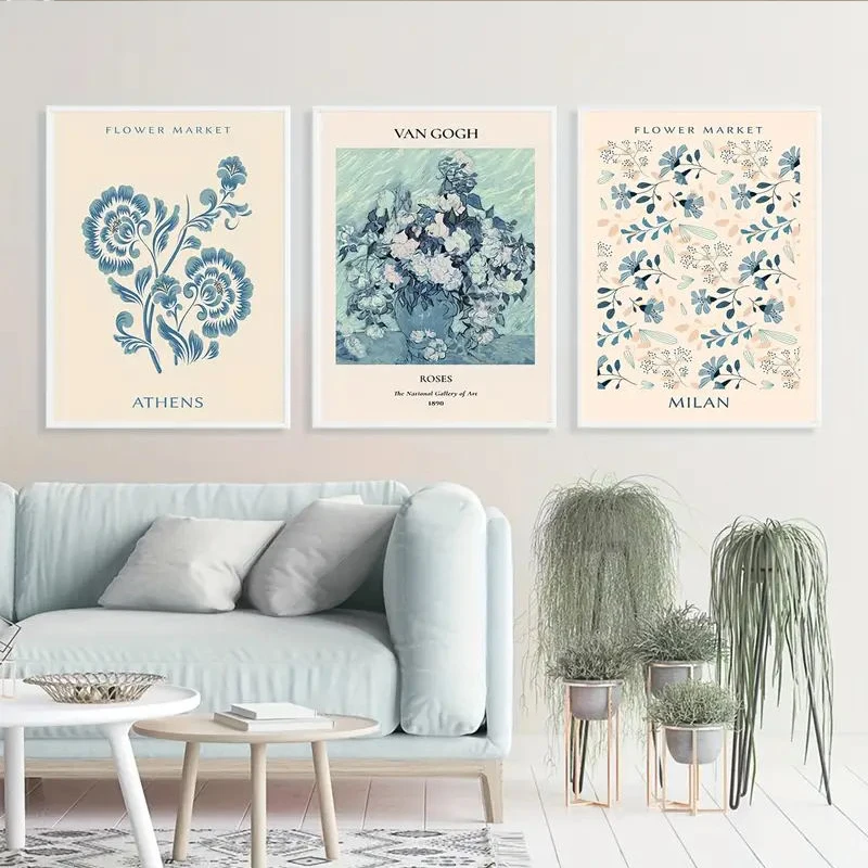 3Pcs/Set Abstract Frameless Wall Art Poster Canvas, Minimalist Retro Blue Floral Bedroom Living Room Gallery Family Home Decor