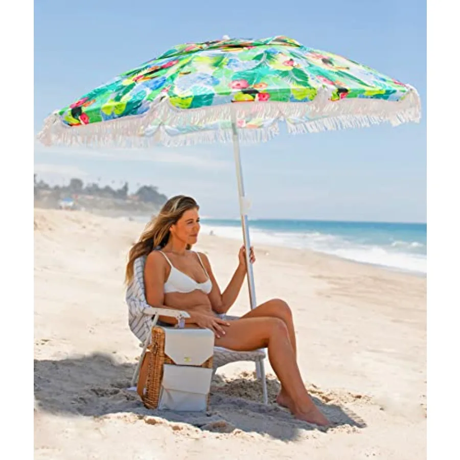 6.5ft Heavy Duty HIGH Wind fringe Beach Umbrella with sand anchor Vent Tilt Portable Sun Shelter UPF 50+ Windproof Outdoor Suns