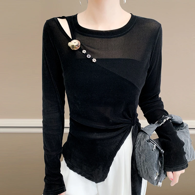 

Spring,New,European,Clothes,T-Shirt,Chic,Sexy,O-Neck,Velvet,Hollow out,Button,Slit,Women,Irregular,Tops,Long Sleeve,Tees,59001
