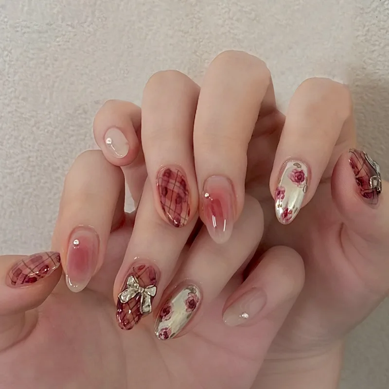 

24Pcs Mid-length Almond Press on Fake Nails Pink Smudge Flower Grid False Nails 3D Bow Rhinestone Reusable Full Cover Nails Tips