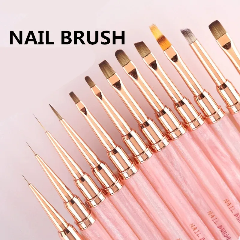 1/12個入り ピンク アクリルネイルブラシ ジェルブラシ マニキュア用 アクリル UVジェル エクステンションペン ネイルポリッシュ ペイント 描画ブラシ ライナー