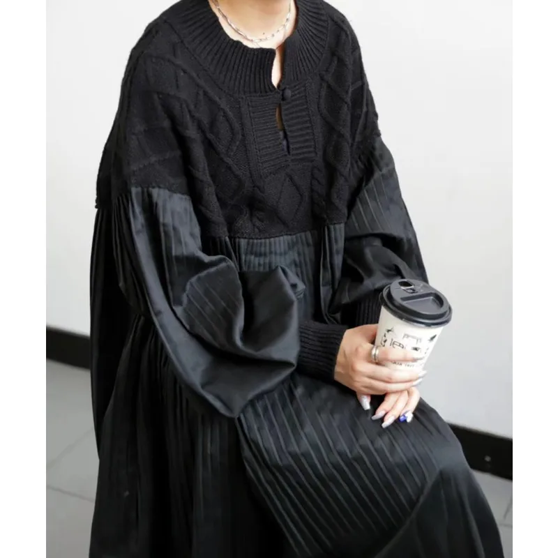 レトロな大きいサイズのダイヤモンド柄セータードレス、ランタンスリーブロングスカート、ハイウエストAラインガウン、女性用秋冬