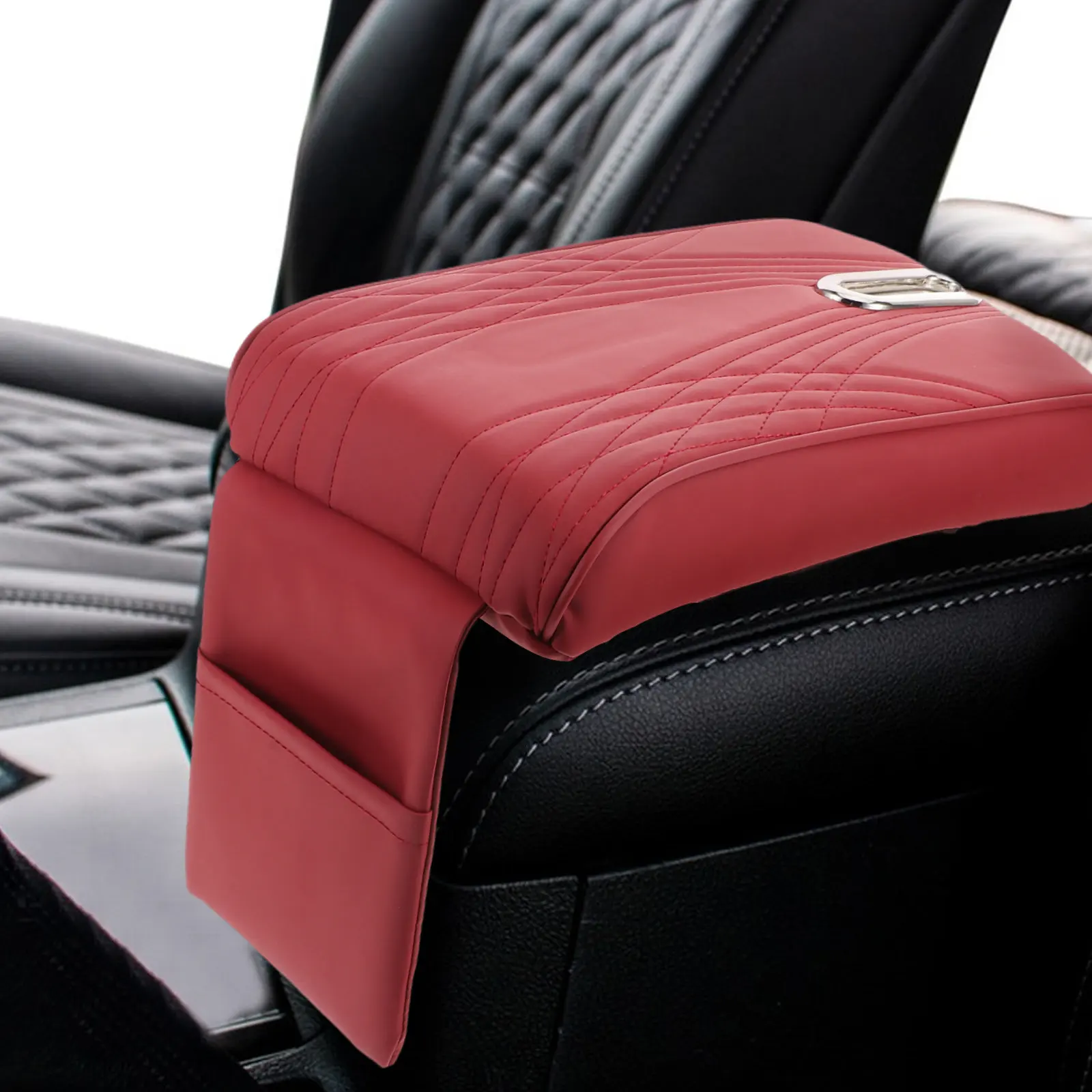 Red Large Car Armrest Cushion with Angel Pattern Tissue Box Storage Bag Universal Fit for All Vehicles Comfortable Height