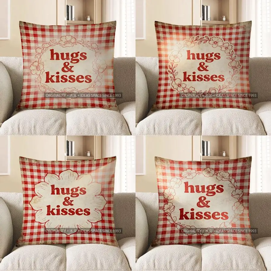 

Чехол для подушки с 2D-рисунком в клетку «цветочный узор «объятия и поцелуи», подходит для дивана, спальни, автомобиля