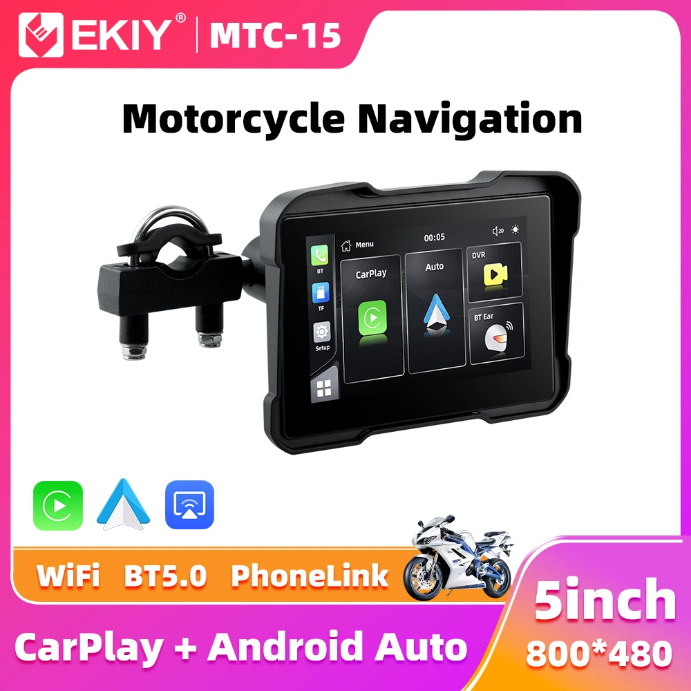 EKIY 5 inch GPS Navigation Display Screen Monitor Portable Digital Motorcycle Dashboard Wireless CarPlay Moto Android Auto BT5.0