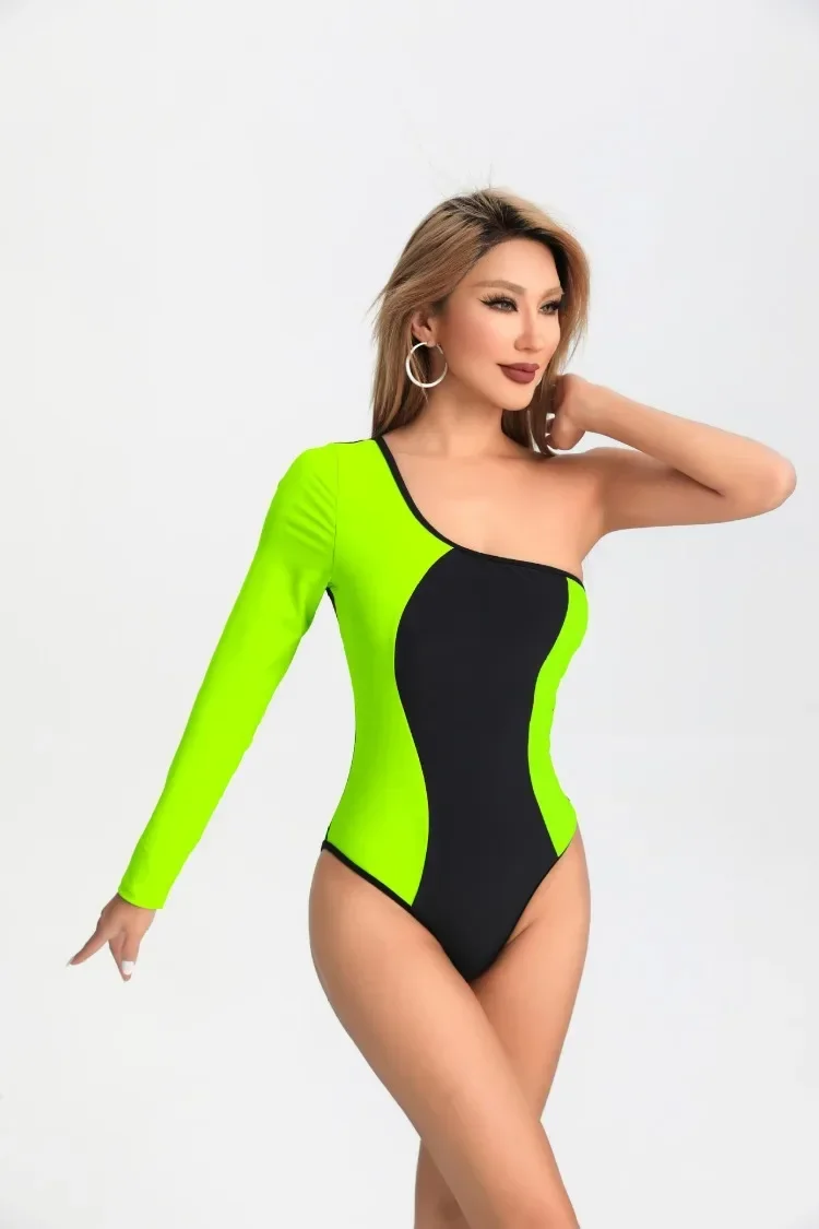 2025 One Piece Swimsuit Women New Solid One Shoulder Long Sleeve Bodysuit Swimwear Summer Monokini Beachwear Bathing Suit Female