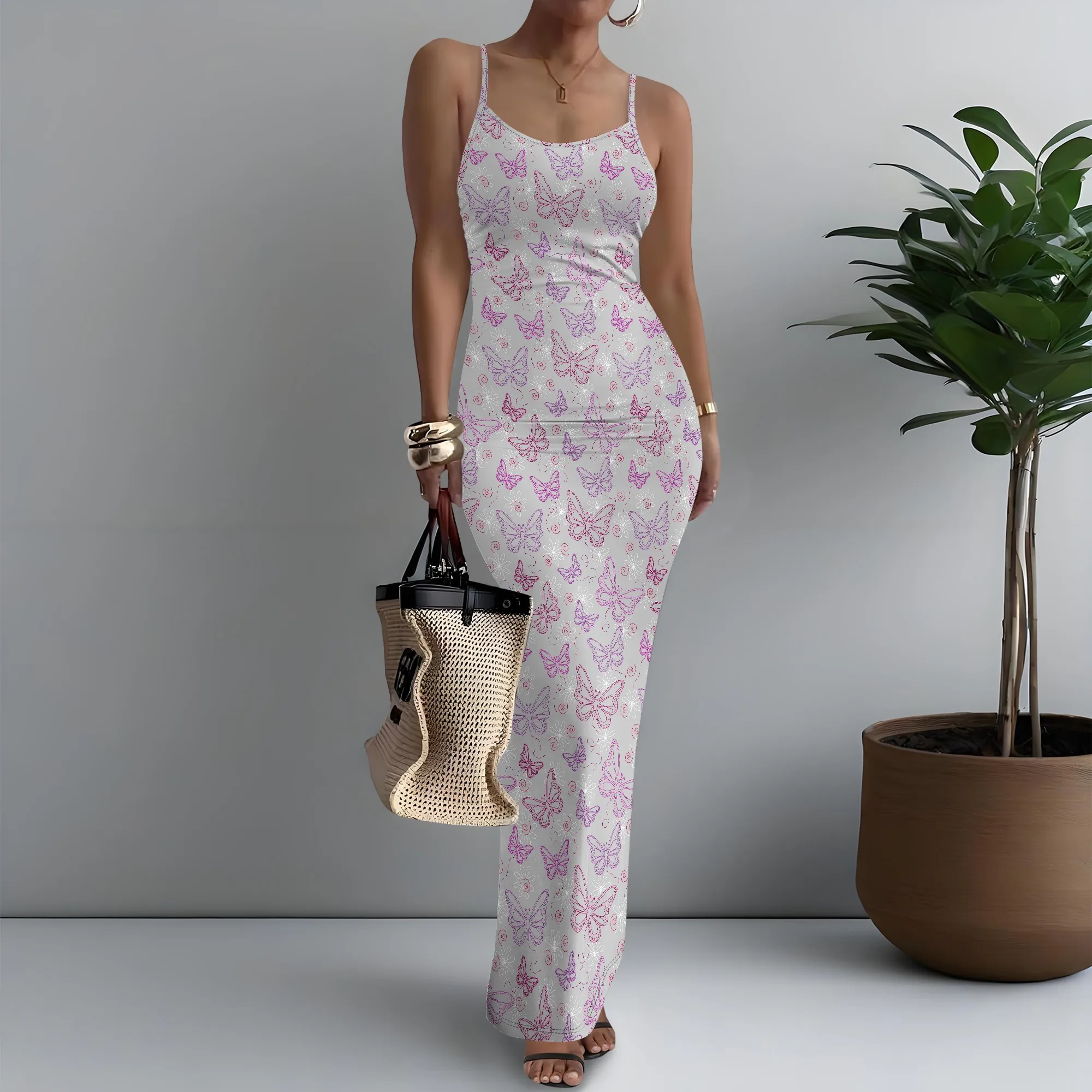 

Women's Spaghetti Strap Maxi Dress Edgy Cute Butterfly Print Club XS-3XL