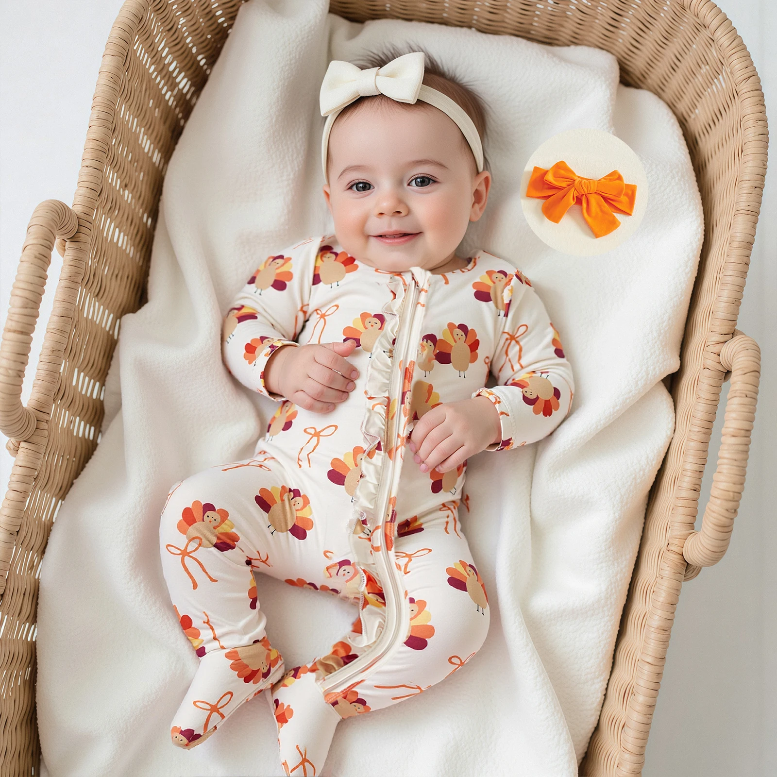 

Newborn Clothes Baby Girl Thanksgiving Romper Bow Turkey Print Long Sleeve Zip Up Footed Jumpsuit with Headband Outfits