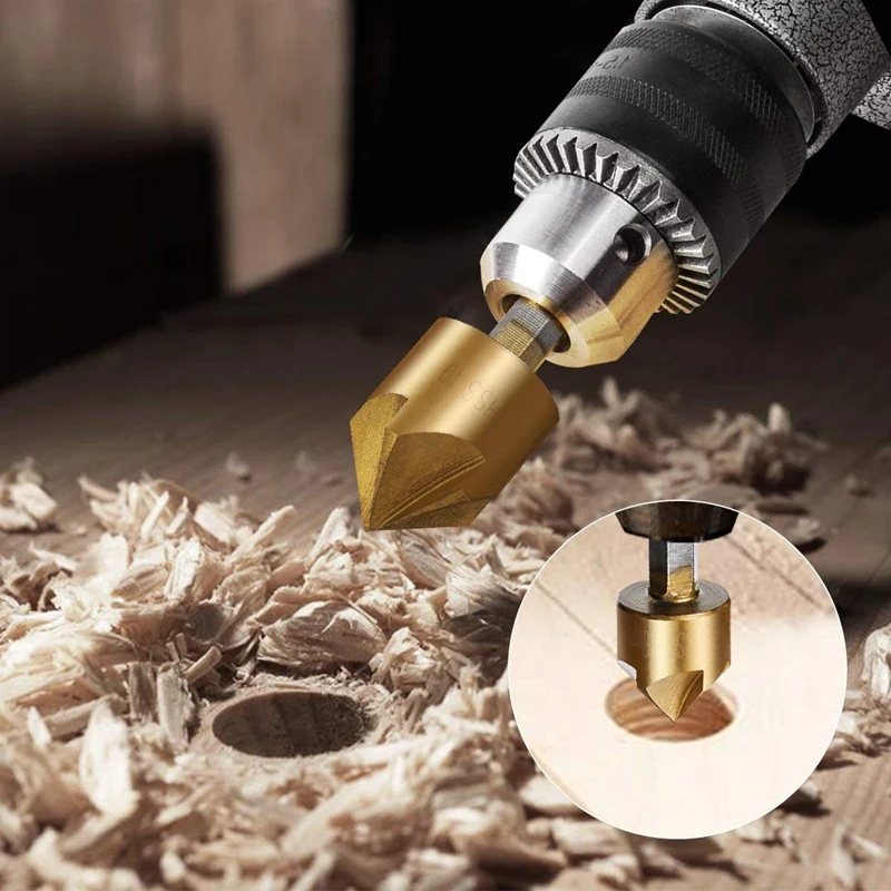 Bộ 6 Lục Giác Tay Cầm 5 Lưỡi Dao Vát Cạnh Titan Gỗ Mũi Khoan Countersunk Khoan Countersunk Đánh Chìm Hạt Với 1 cent