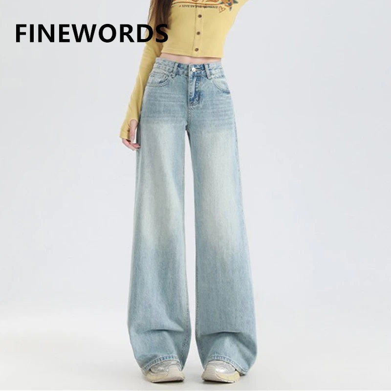 

FINEWORDS винтажные повседневные корейские джинсы с высокой талией, женские уличные джинсы Easymatch, расклешенные джинсы полной длины, голубые джинсы с вырезом