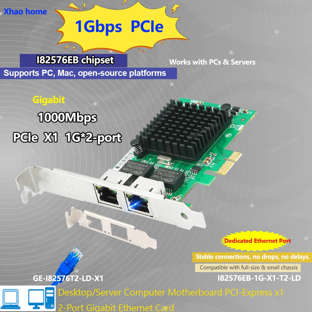 

Dual Port PCIe Gigabit Ethernet Card, 2x1000Mbps LAN Adapter RJ45, PCI-E X1 Network Card for Desktop PC/Server for Windows/Linux