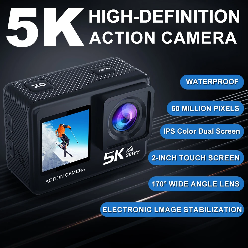 5K 4K60FPS Action Camera Dual IPS Touch LCD EIS 170° DVR 30M Waterproof 5X Zoom Sport Camera With Wireless Mic&Remote Control