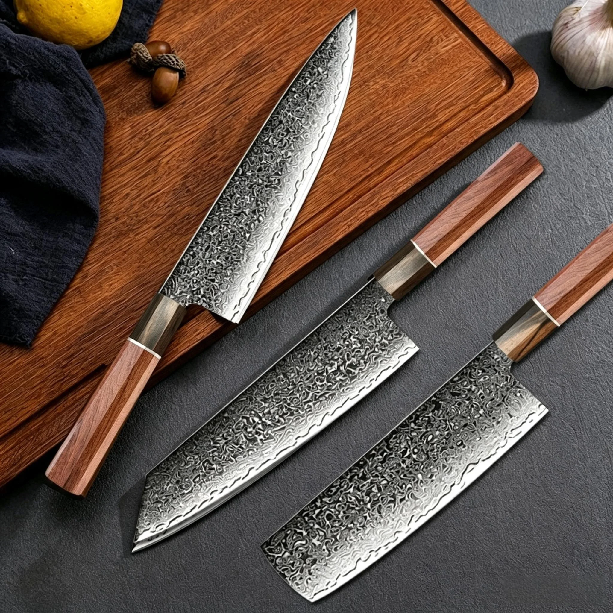 Highend Japanese kitchen knife Damascus steel with laser patterned blade walnut octagonal handle versatile kitchen cooking knife